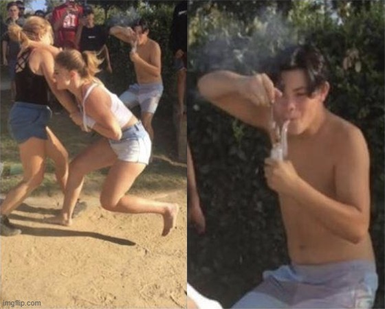 Guy smoking while two people fight blank meme template