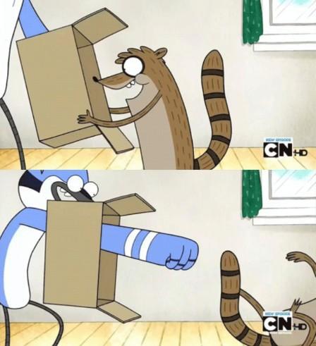 Mordecai Punches Rigby Through a Box blank meme template