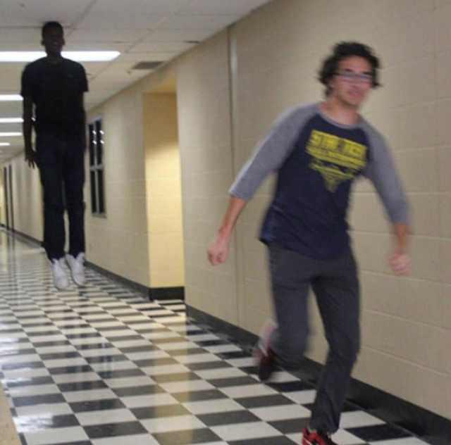 floating boy chasing running boy blank meme template