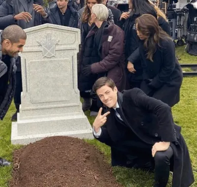 Grant Gustin over grave blank meme template