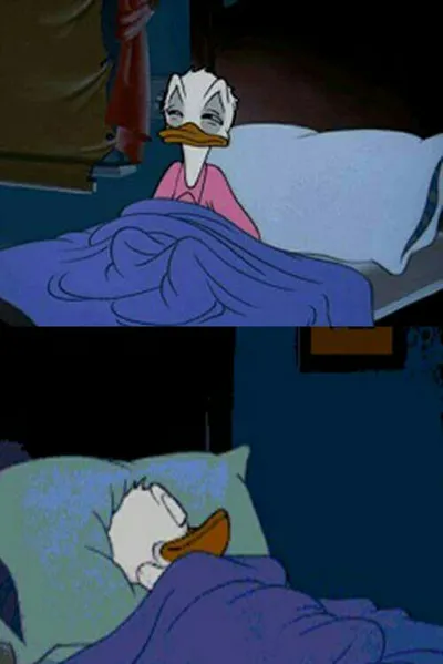 sleepy donald duck in bed blank meme template